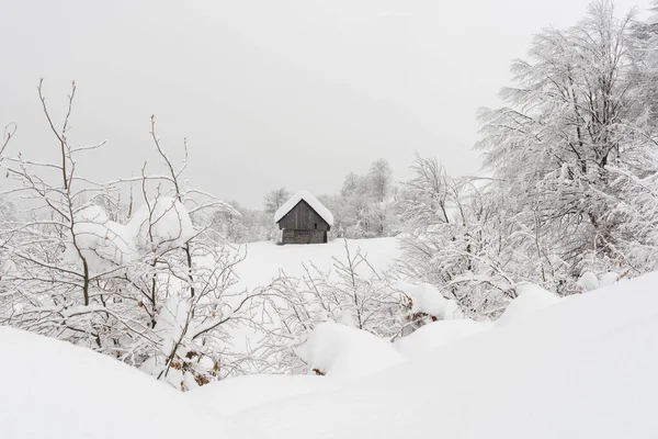 Paisaje minimalista de invierno con casa de madera —  Fotos de Stock