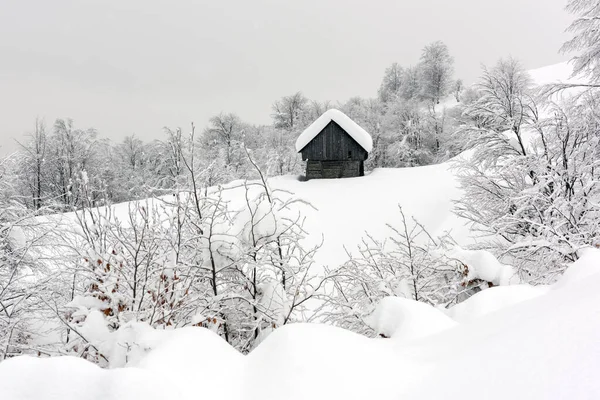 Minimalistic winter landscape with wooden house — Stock Photo, Image