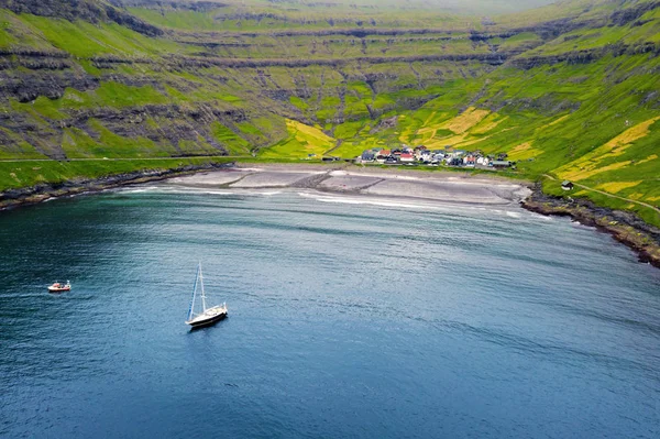 Aerial drone photo flying over Tjornuvik beach — Stock Photo, Image