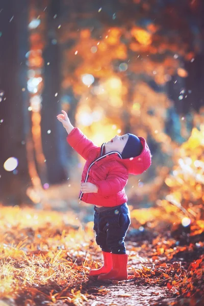 Kırmızı lastik çizmeli küçük çocuk. — Stok fotoğraf