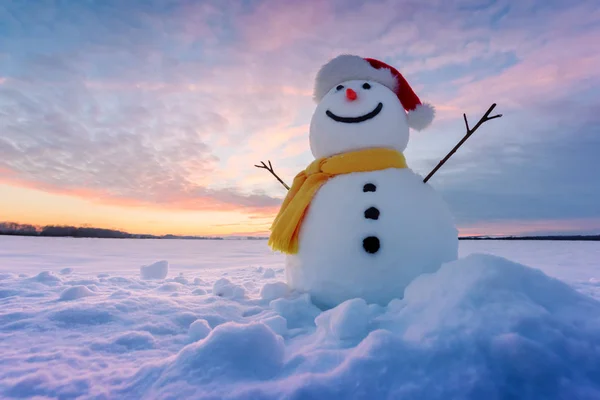Boneco de neve engraçado em chapéu vermelho — Fotografia de Stock
