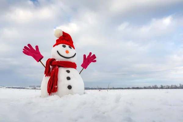 Şık kırmızı şapkalı ve kırmızı derili komik kardan adam. — Stok fotoğraf