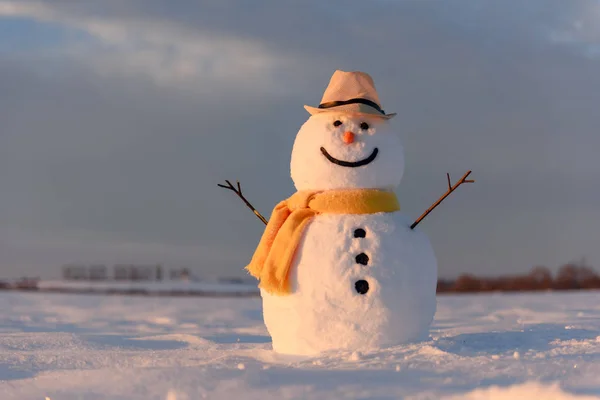 Bonhomme de neige drôle en chapeau noir — Photo
