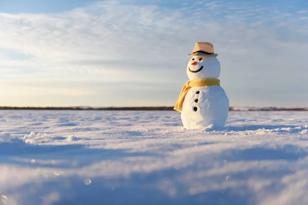 Смішний сніговик в чорному капелюсі — стокове фото