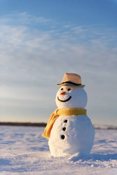 Смішний сніговик в чорному капелюсі — стокове фото