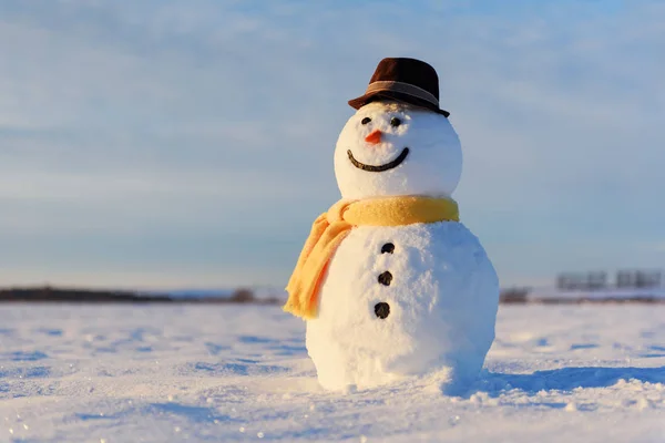 Boneco de neve engraçado em chapéu preto — Fotografia de Stock