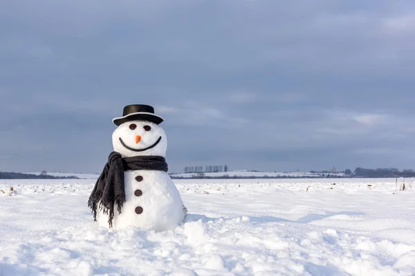 Siyah şapkalı komik kardan adam. — Stok fotoğraf
