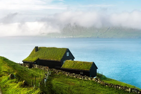 Mistig ochtendzicht op een huis met typisch grasdak — Stockfoto