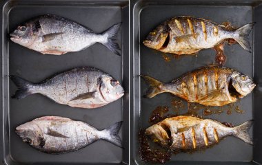 Siyah tabakta çiğ ve ızgara dorada balığı