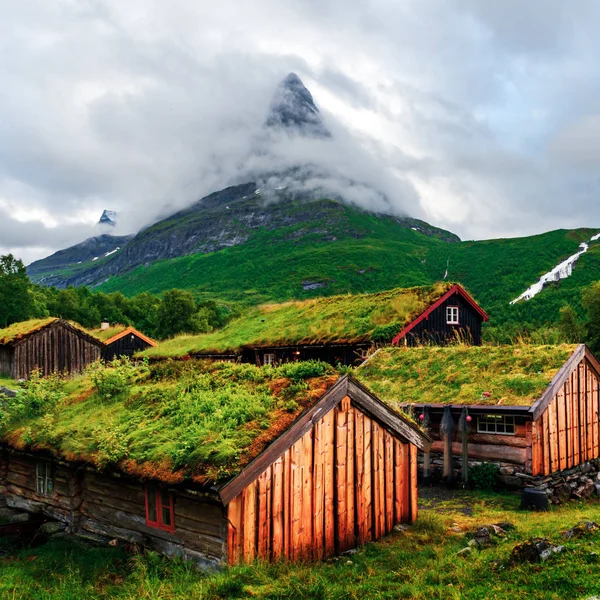 Norvég fű tető régi ház — Stock Fotó