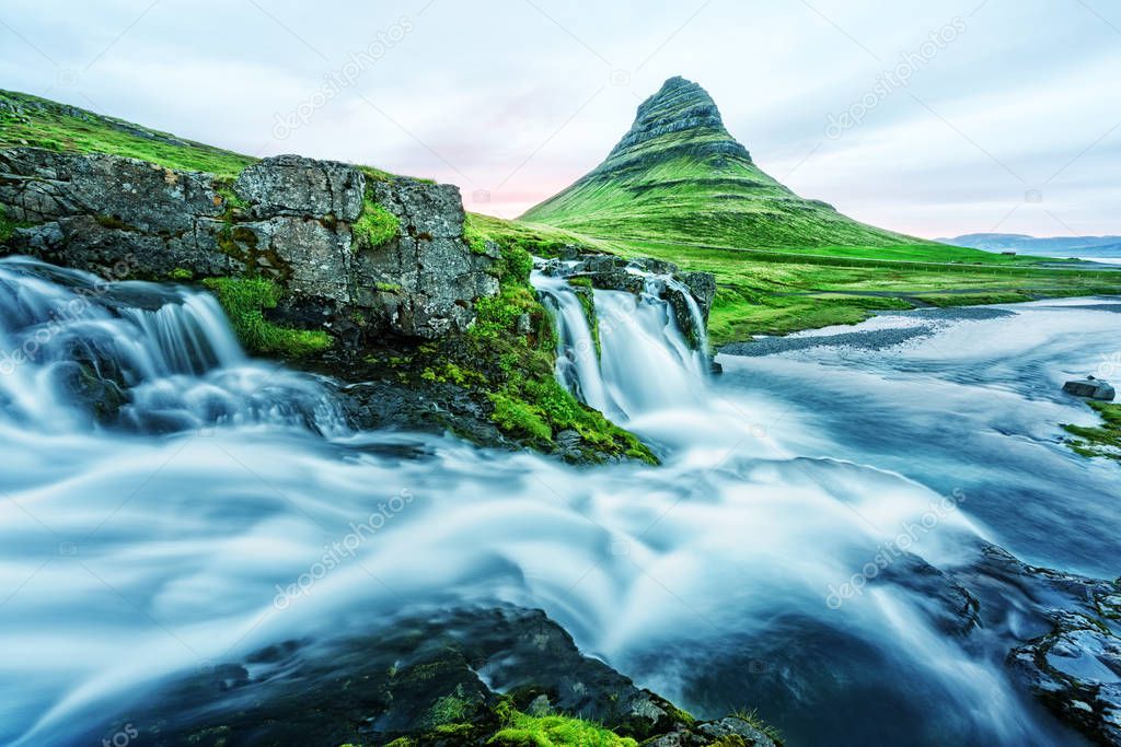 Picturesque landscape with Kirkjufellsfoss