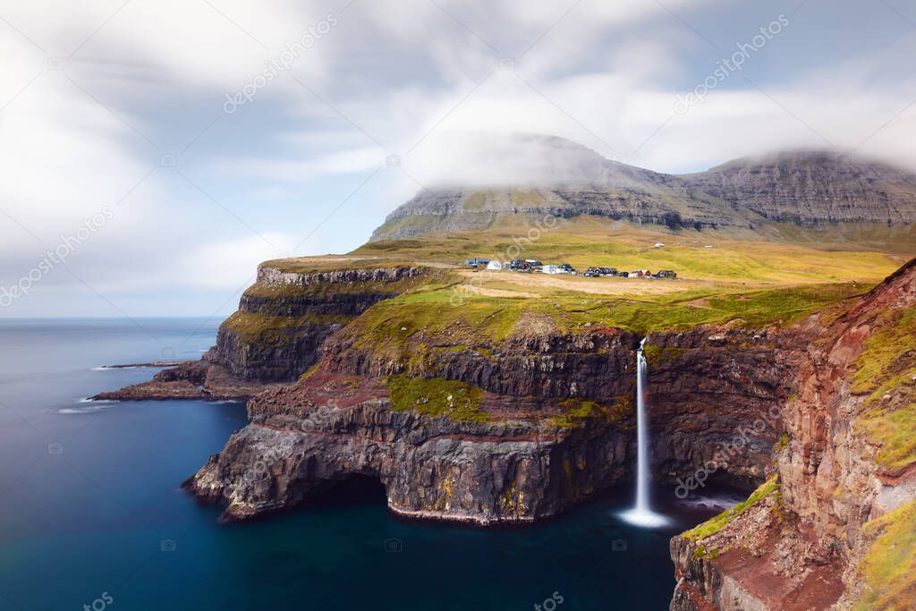 Mulafossur waterfall in Gasadalur, Vagar Island of the Faroe Islands.