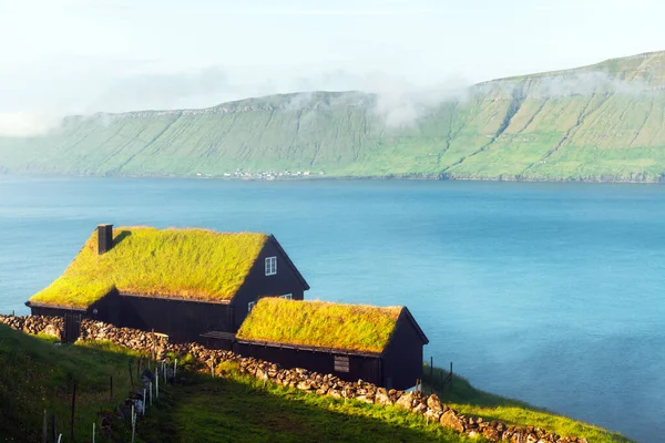 Foggy morgon utsikt över ett hus med typiskt gräs tak — Stockfoto