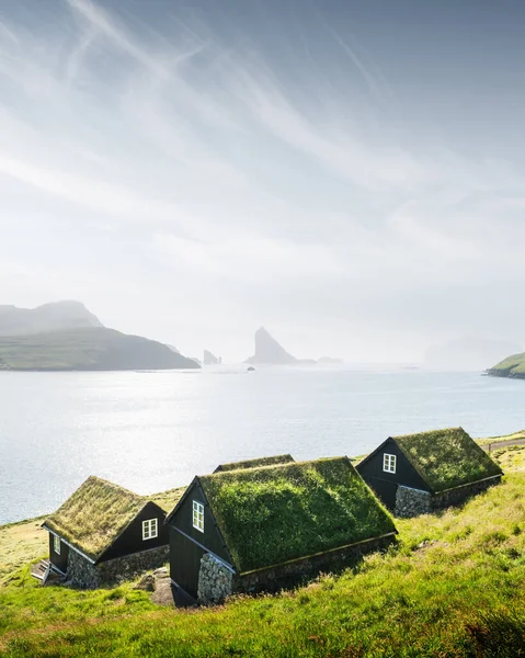 Malebný pohled na tradiční faerské domy pokryté trávou — Stock fotografie