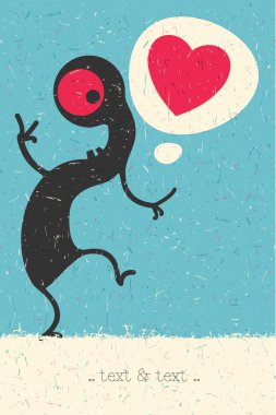 Sevimli canavar retro grunge arka plan üzerinde kalp ile. Karikatür Çizim.