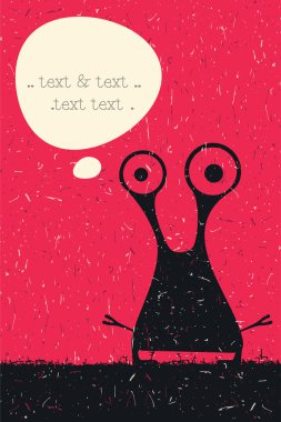 Retro grunge zemin üzerine sohbet bulut ile komik canavar. Karikatür Çizim.