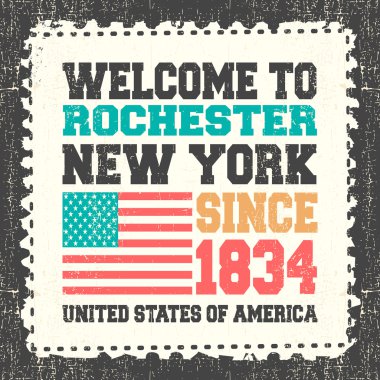 Davetiye kartı metin ile Rochester, Eyalet New York hoş geldiniz. 1834'ten beri grunge posta kütüğünde Amerikan bayrağı ile.