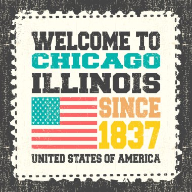 Chicago, State Illinois'e hoş geldiniz yazılı davetiye kartı. 1837'den beri grunge posta kütüğünde Amerikan bayrağı ile.
