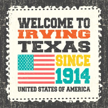 Metinli davet kartı Irving, State Texas'a hoş geldiniz. 1914'ten beri grunge posta kütüğünde Amerikan bayrağı ile.