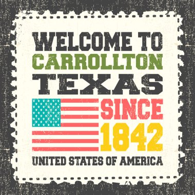 Carrollton, State Texas'a hoş geldiniz. 1842'den beri grunge posta kütüğünde Amerikan bayrağı ile.