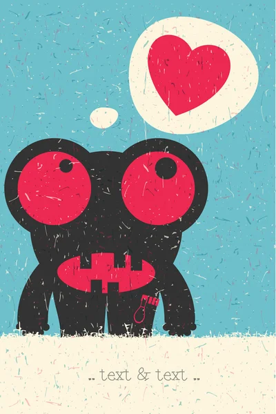 Monstruo lindo con corazón sobre fondo grunge retro. Dibujos animados ilustración . — Vector de stock