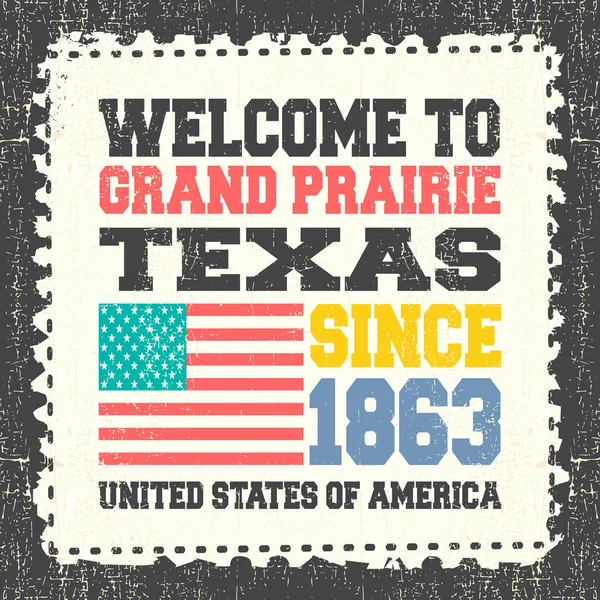 Tarjeta de invitación con texto Bienvenido a Grand Prairie, Estado de Texas. Desde 1863 con bandera americana en muñón de franqueo grunge . — Vector de stock
