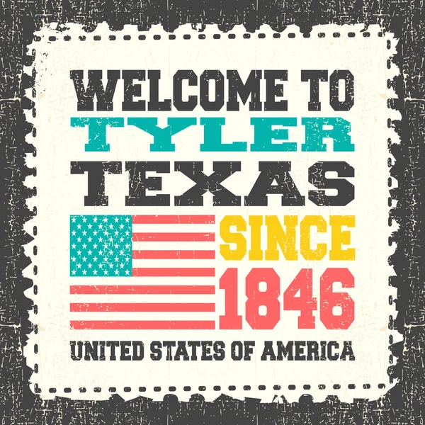 Tarjeta de invitación con texto Bienvenido a Tyler, estado de Texas. Desde 1846 con bandera americana en muñón de franqueo grunge . — Vector de stock