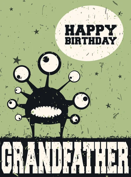 Grattis på födelsedagen inbjudningskort med söt monster och chatt bubbla — Stock vektor