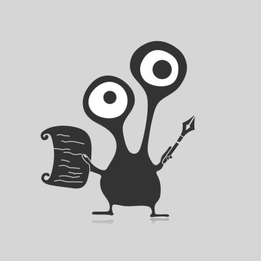 El ve gri, çizgi film illüstrasyon izole kağıt kalem ile yaratıcı komik canavar,