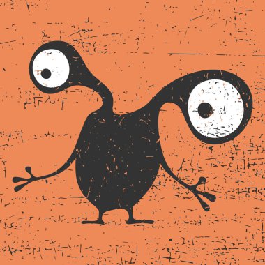 Grunge turuncu arka plan, çizgi film illüstrasyon duygular ile sevimli siyah canavar.