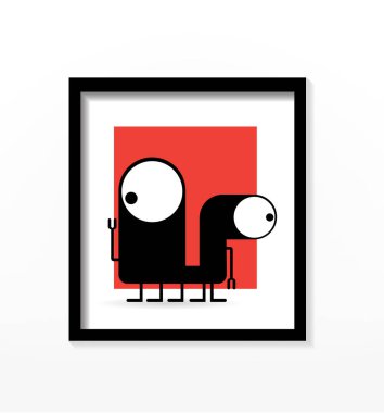 Sevimli canavar siyah çerçeve beyaz, çizgi film illüstrasyon izole kırmızı zemin üzerine