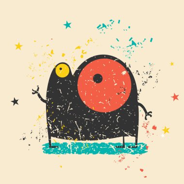 Retro grunge arka plan şekilleri kirli renklendirme ve yıldız ile sevimli siyah canavar. 