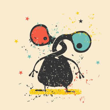 Retro grunge arka plan şekilleri kirli renklendirme ve yıldız ile sevimli siyah canavar. 