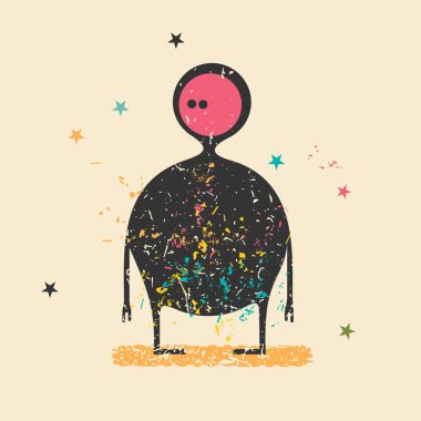 Retro grunge arka plan şekilleri kirli renklendirme ve yıldız ile sevimli siyah canavar. 