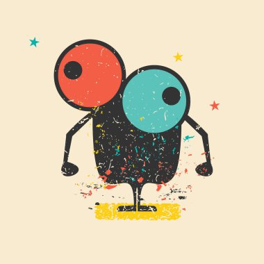 Retro grunge arka plan şekilleri kirli renklendirme ve yıldız ile sevimli siyah canavar. 