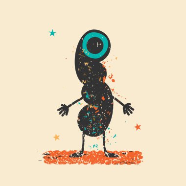 Retro grunge arka plan şekilleri kirli renklendirme ve yıldız ile sevimli siyah canavar. 