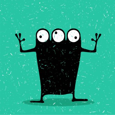 Grunge aqua mavi arka plan, çizgi film illüstrasyon duygular ile sevimli siyah canavar.