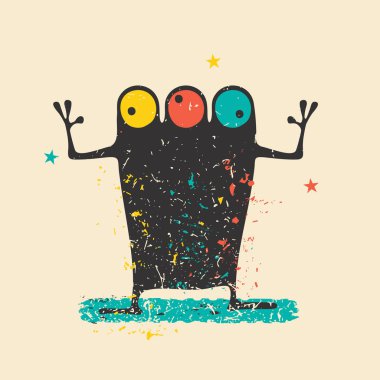 Retro grunge arka plan şekilleri kirli renklendirme ve yıldız ile sevimli siyah canavar. 