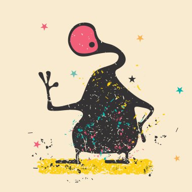 Retro grunge arka plan şekilleri kirli renklendirme ve yıldız ile sevimli siyah canavar. 