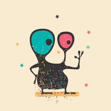 Retro grunge arka plan şekilleri kirli renklendirme ve yıldız ile sevimli siyah canavar. 