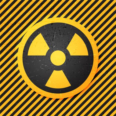 radiation icon in circle on strip yellow grunge background, clipart