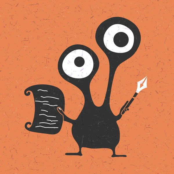 Kreativa roliga monster med penna i händer och papper på grunge orange bakgrund, tecknad bild, — Stock vektor