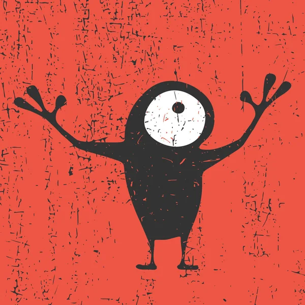 Schattig zwarte monster met emoties op grunge rode achtergrond, cartoon afbeelding. — Stockvector