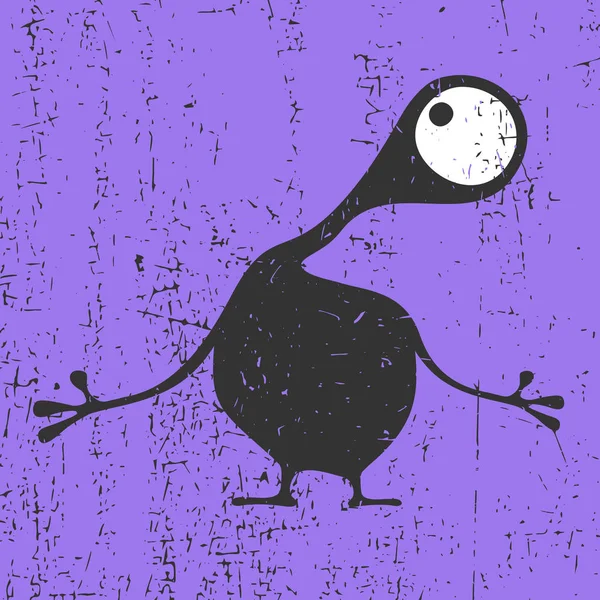 Monstro preto bonito com emoções no fundo violeta grunge, ilustração dos desenhos animados . — Vetor de Stock