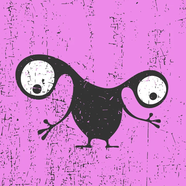 Schattig zwarte monster met emoties op grunge violette achtergrond, cartoon afbeelding. — Stockvector