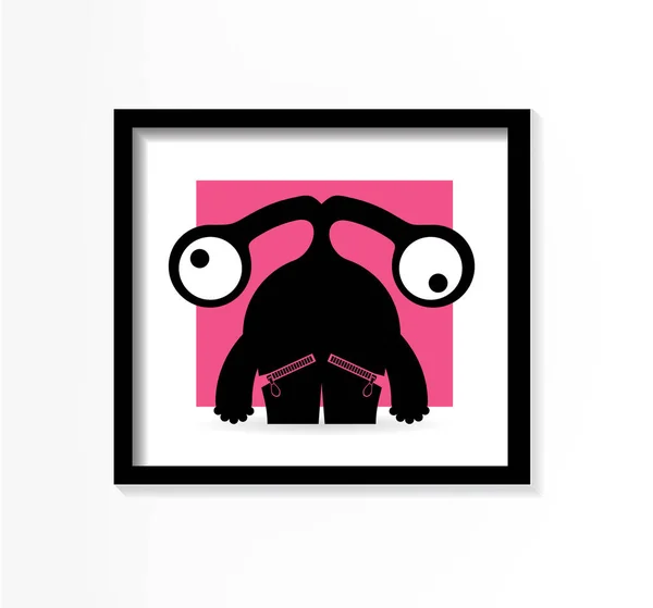 Cute monster on pink background in black frame isolated on white, cartoon illustration — Stock Vector