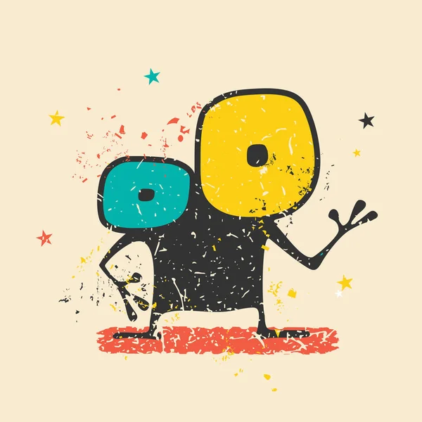 Mignon monstre noir sur fond grunge rétro avec des formes de couleurs sales et des étoiles . — Image vectorielle