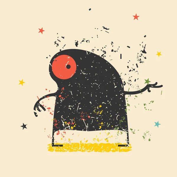 Niedliches schwarzes Monster auf Retro-Grunge-Hintergrund mit schmutzigen Farbformen und Sternen. — Stockvektor