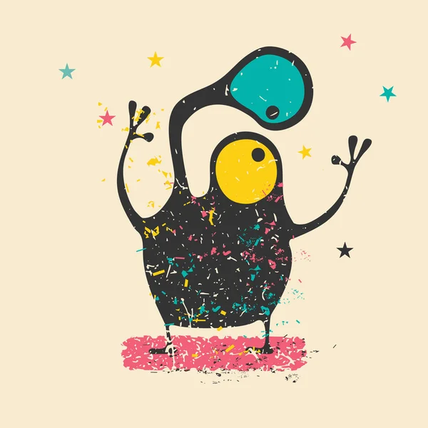 Mignon monstre noir sur fond grunge rétro avec des formes de couleurs sales et des étoiles . — Image vectorielle