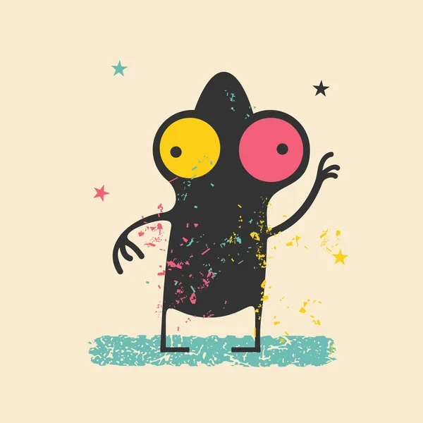 Mignon monstre noir sur fond grunge rétro avec des formes de couleurs sales et des étoiles . — Image vectorielle